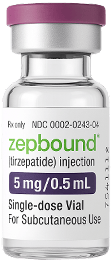 Vial of prescription Zepbound Injection 5mg/0.5mL. The label reads: For Subcutaneous Use Only.