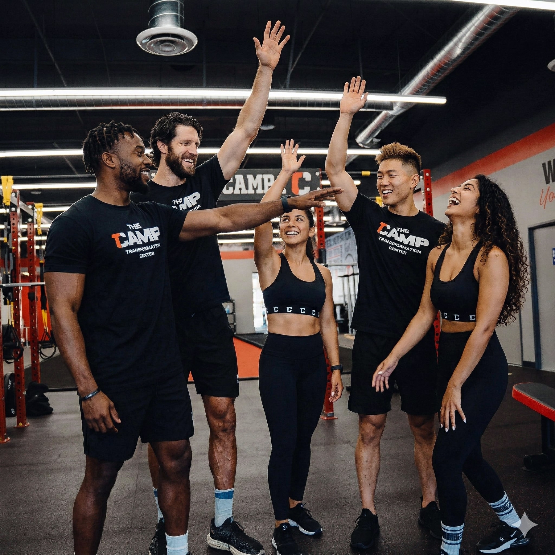 A group of five adults in a fitness studio wearing matching workout outfits high-five and smile, standing near gym equipment.