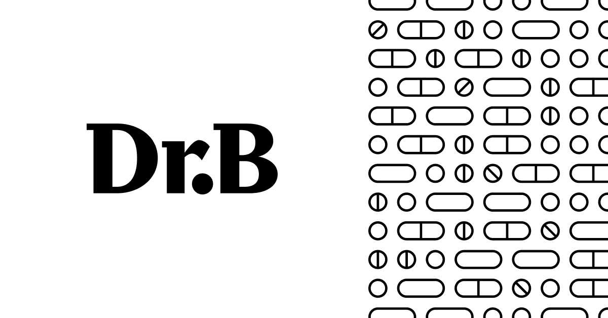 The Dr. B logo, a black letter "B" on a white square, beside a grid of pills illustrated in black and white.
