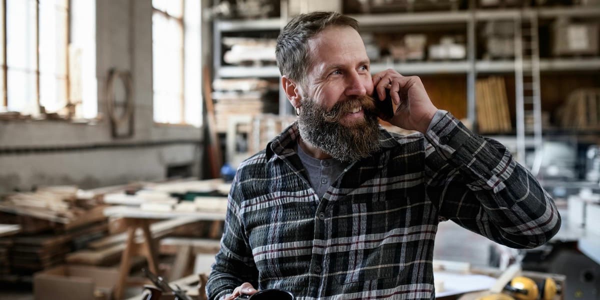 A man with a full beard wearing a flannel shirt and holding a mug of coffee smiles while talking on the phone and standing in a wood shop.