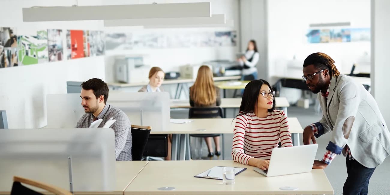 A bright, modern office where a diverse group of young employees work together.